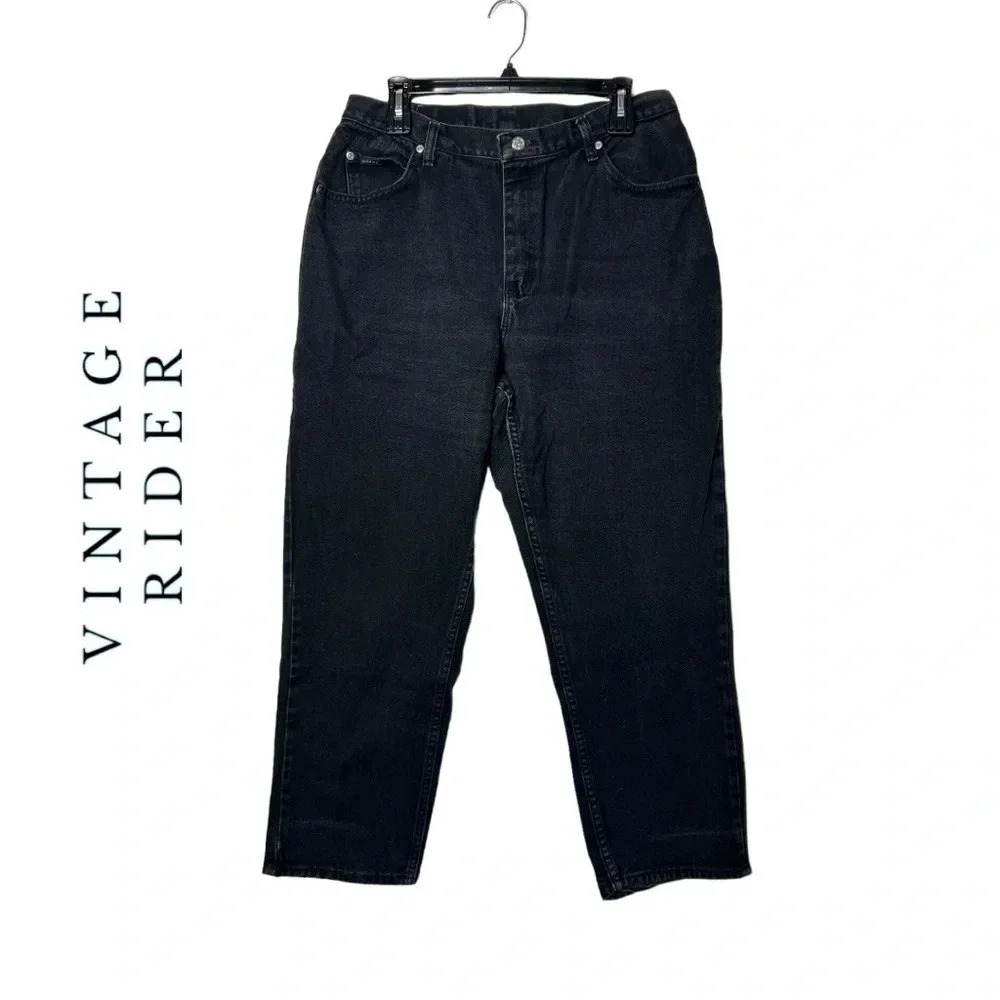 1677. VINTAGE‎ RIDER STRAIGHT LEG DENIM JEANS SIZE 16 PETITE BLACK IN COLOR